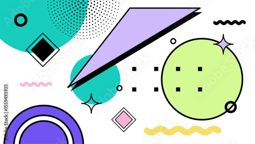 Abstract geometric shapes and vibrant colors inspired by 90s design. Ideal for backgrounds, posters, invitations, and retro themed projects.