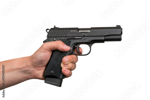 hand holding a black pistol on white background.