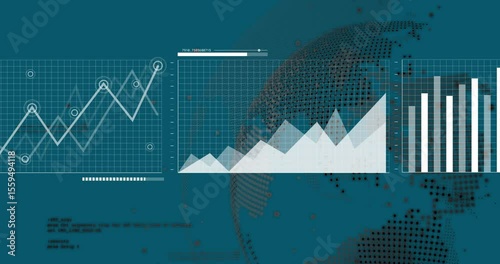 Grid appearing, trend line rising, panels sliding, building charts: area, bar, global map views