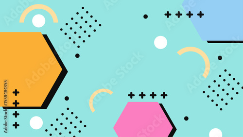 Abstract colorful pattern of hexagons, plus signs, and dots. Great for backgrounds, graphic design projects, and geometric themed visuals.