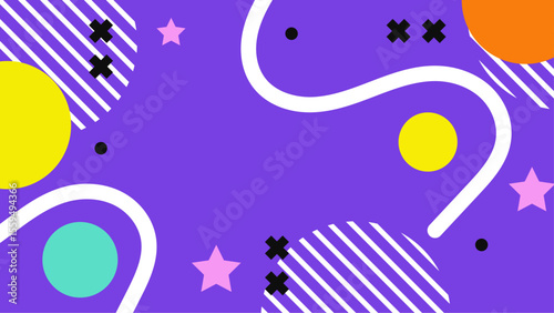 Purple background with colorful circles, stars, and xs in abstract art. Perfect for social media graphics, website backgrounds, and digital designs.