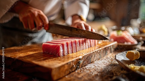 Japanese chef cleaning a fresh fish before slicing it into sashimi, focusing on the meticulous preparation process