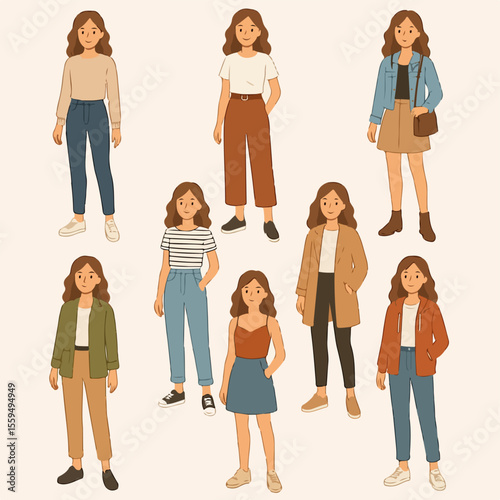 Vector Set Pretty young women in different fashion looks of clothes vector illustration isolated on white background