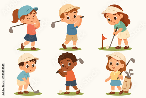 Vector Set Children play golf. Cartoon kid golfer characters girl or boy stick hit ball swing putt school summer golfing club field course child junior sport