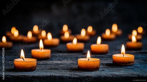 Many small, lit candles on a rustic wooden surface.