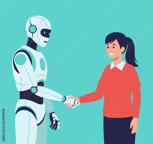 Friendly Robot and Person Shaking Hands in Flat Design