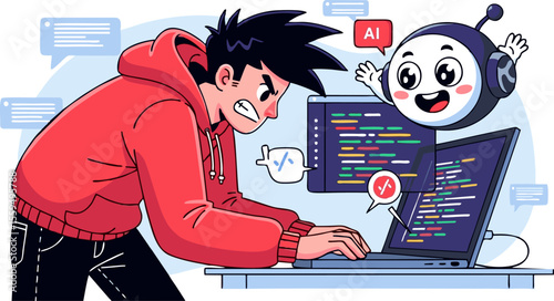 Frustrated coder with AI assistant debugging code on laptop screen