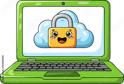 Happy Cloud Lock on Green Laptop Screen