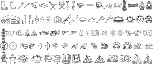 Extensive Collection of Camping, Hiking, and Fishing Line Icons