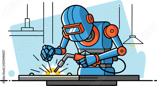 Industrious Blue Robot Welding Metal with Sparks