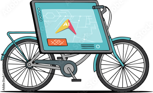 Teal AI Bicycle with Integrated Navigation Screen and Orange Patterned Storage