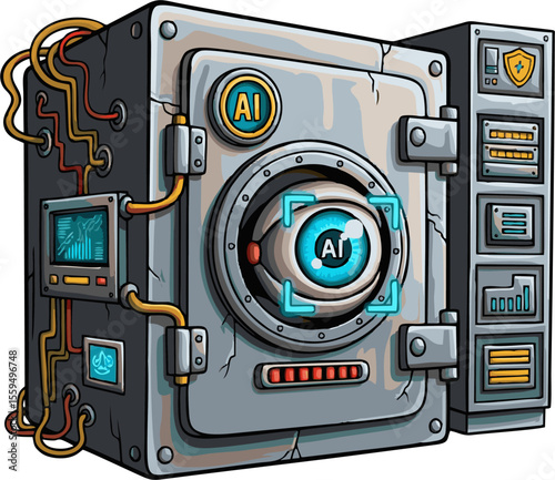 Cartoonish AI-Powered Vault with Glowing Eye and Complex Control Panels