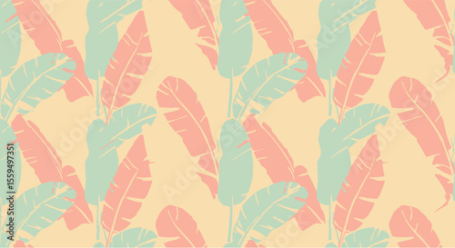 Pastel Pink and Green Banana Leaf Seamless Pattern Background