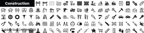 A comprehensive collection of construction icons, featuring tools, machinery, and safety equipment in a minimalist black and white design, ideal for construction-related projects.