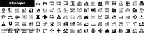 A diverse collection of cityscape icons, featuring buildings, transportation, and urban elements in a minimalist black and white design, perfect for various projects.