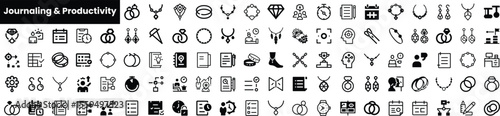 A collection of minimalistic icons representing journaling and productivity, featuring clocks, calendars, notes, and various motivational symbols in black and white.