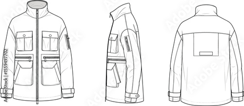 Technical jacket CAD drawing, flat fashion vector, utility outerwear sketch, front side back view, zipper pockets design, Adobe stock illustration