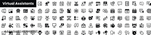 A collection of virtual assistant icons in black and white, showcasing various elements like communication, scheduling, and task management, ideal for digital design projects.