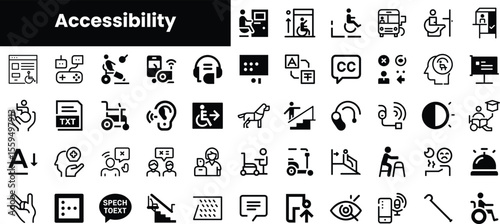 A collection of black and white accessibility icons, showcasing diverse symbols for various needs, promoting inclusivity and awareness across different settings.