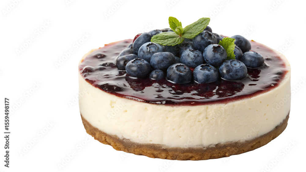 Close up of a blueberry cheesecake with mint leaf garnish on transparent background Close up of a blueberry cheesecake with mint leaf garnish on transparent background