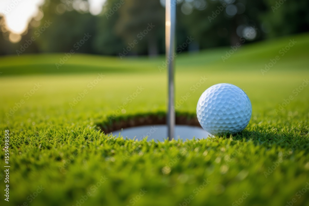 Obraz premium Close-up of a golf ball sitting in the hole on a golf green.
