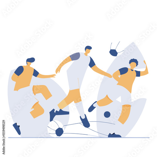 Three soccer players in motion kicking and dribbling a soccer ball