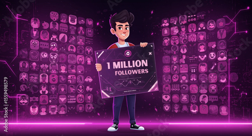 1 Million Followers Achievement – Man with Banner Illustration