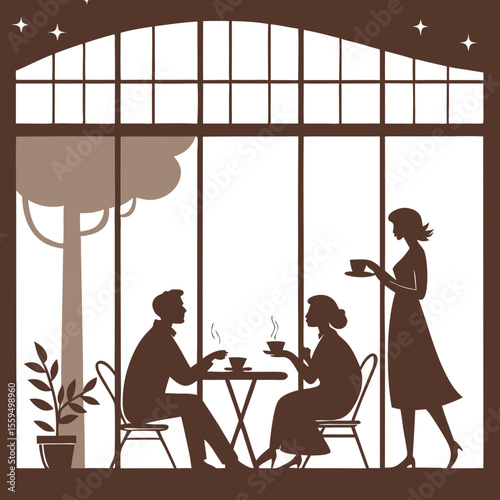 Friends Enjoying Coffee – International Coffee Day Graphic, Coffee Lovers in Cafe – Vector for International Coffee Day
