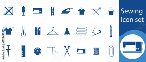 Sewing icon set, buttons, stitches, pins, collection, thread, clothing, silhouette, image, object, craft, tool, thin, measurement, background, hobby, line, pattern and more