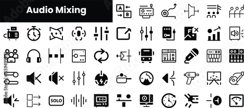 A diverse array of audio mixing icons, illustrating various elements of sound design and production. The icons feature minimalistic black designs on a white background.