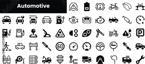 A collection of automotive icons in a sleek black and white design, showcasing various elements of vehicle maintenance, traffic signs, and transportation symbols.