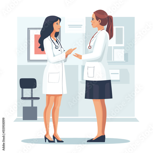 Doctor talking to woman patient. Health worker examine patients health in hospital, clinic. Medical consultation, examination, checkup concept. Vector illustration