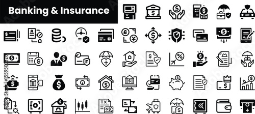 A comprehensive collection of banking and insurance icons, representing various financial services and transactions in a sleek, modern design.