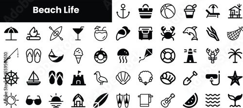 A collection of black icons depicting various aspects of beach life, including sunbathers, aquatic activities, and seaside elements, perfect for summer-themed designs.