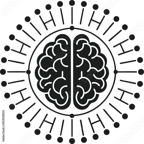 Black brain icon with radiating lines and dots technology science