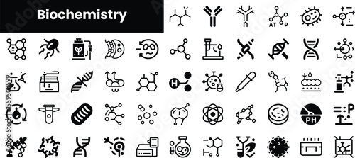 A collection of black icons representing various biochemistry concepts, including molecules, laboratory equipment, and biological processes, perfect for educational purposes.