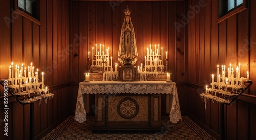Candlelit altar religious devotion church interior faith sanctuary prayer spiritual candles waxen glow light