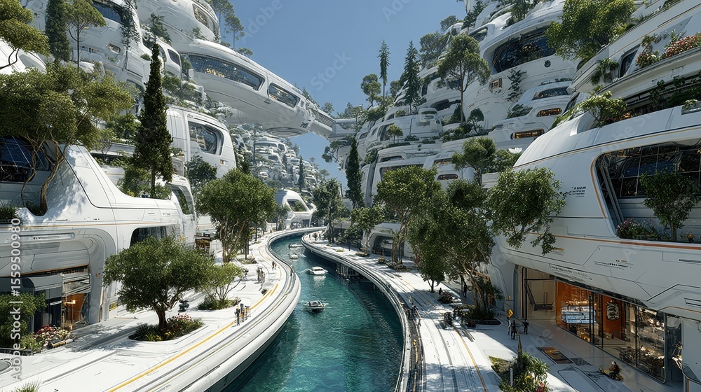 Naklejka premium Futuristic White City with Lush Greenery Blue River and Bright Daylight Creating a Serene Advanced Urban Landscape in