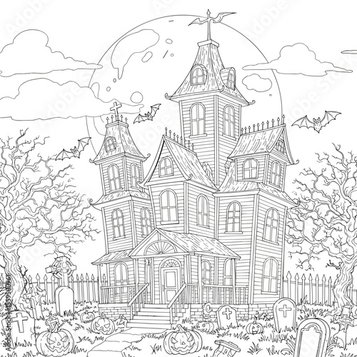 A haunted house stands under a full moon, surrounded by tombstones, bare trees, and flying bats.