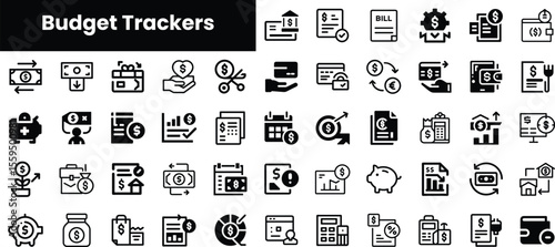 A collection of budget tracker icons featuring diverse financial themes and tools, including cash, bills, savings, and budgeting plans, perfect for financial management.
