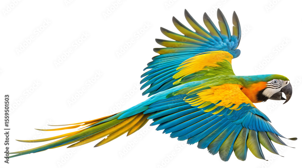 Obraz premium A vibrant macaw in flight displaying its colorful plumage on transparent background