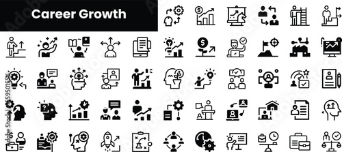 A collection of black icons representing career growth concepts, including upward trends, teamwork, and professional development.