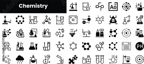 A collection of black and white chemistry icons, featuring laboratory equipment, chemical structures, and symbols representing various chemical processes and elements.
