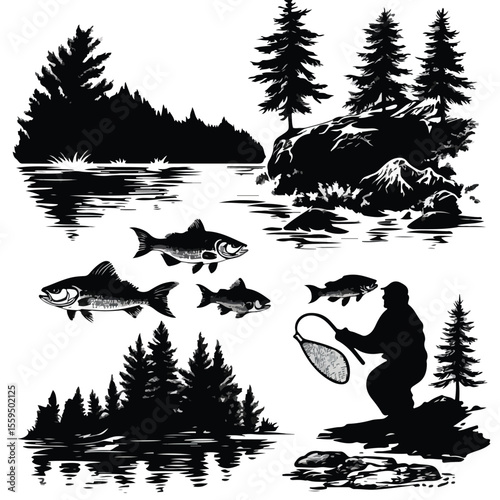 Walleye silhouette set, Black & White silhouette set