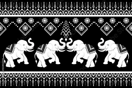 Thai elephant border, ethnic pattern, ornament, Thai traditional style, illustration design for background,carpet,wrapping, textile, silk, fabric,trousers.	