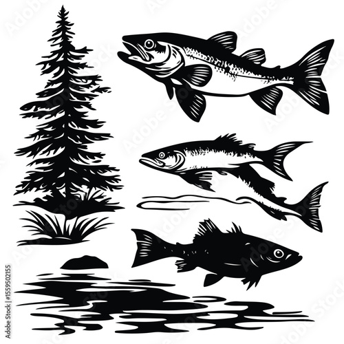 Walleye silhouette set, Black & White silhouette set