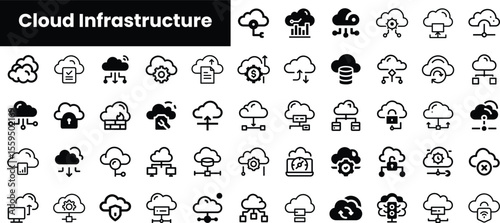 A collection of cloud infrastructure icons in black and white, illustrating various aspects of cloud computing, database management, and data transfer processes.