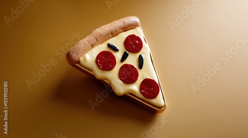 A realistic pizza-shaped object with pepperoni and olives on a golden background, resembling a toy or novelty item.