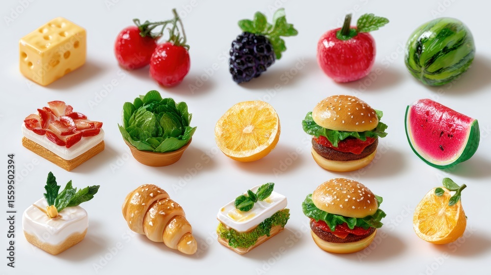 Naklejka premium An assortment of miniature food models including fruits, vegetables, pastries, and burgers, arranged on a light background.