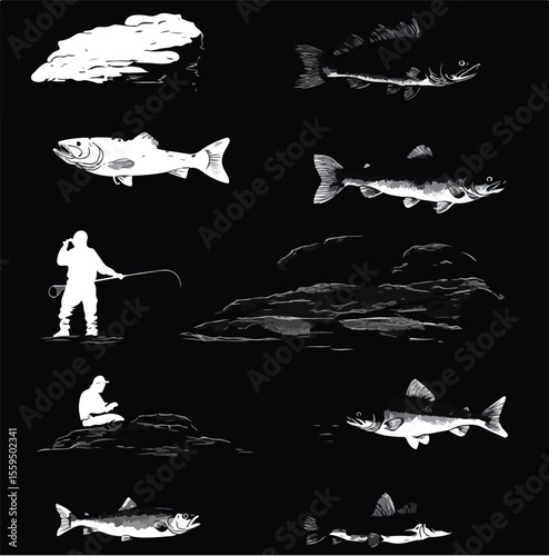 Walleye silhouette set, Black & White silhouette set